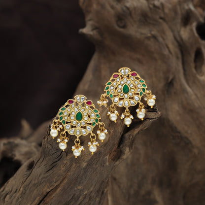 Peacock Feather Jadau Stud with Pearl Drops