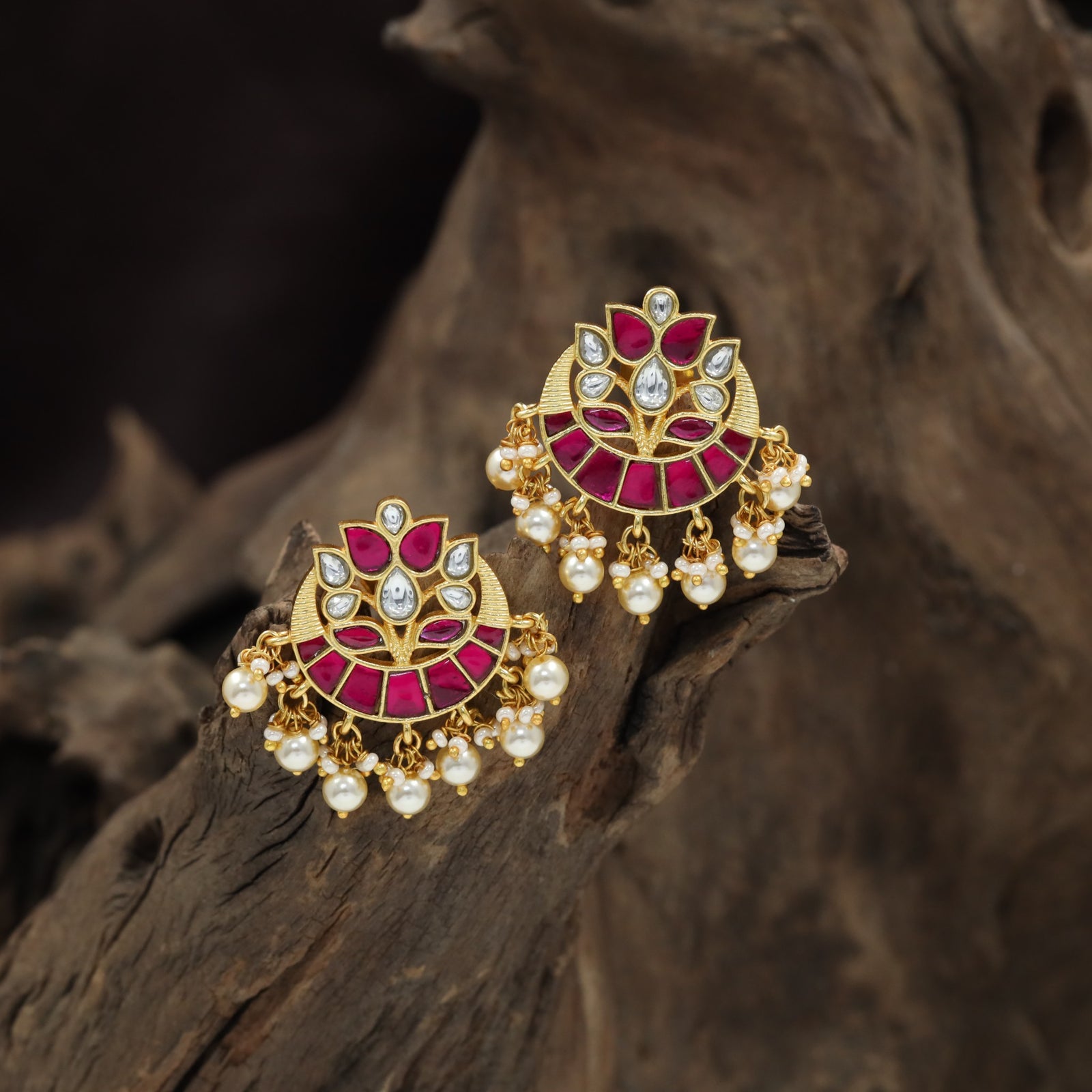 Lotus Jadau Stud with Pearl Tassel Detailing