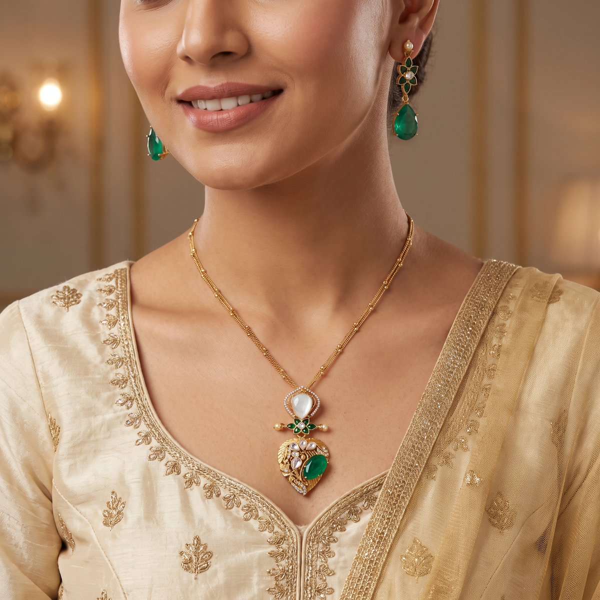 Kundan Leaf Cluster Pendant Necklace Set