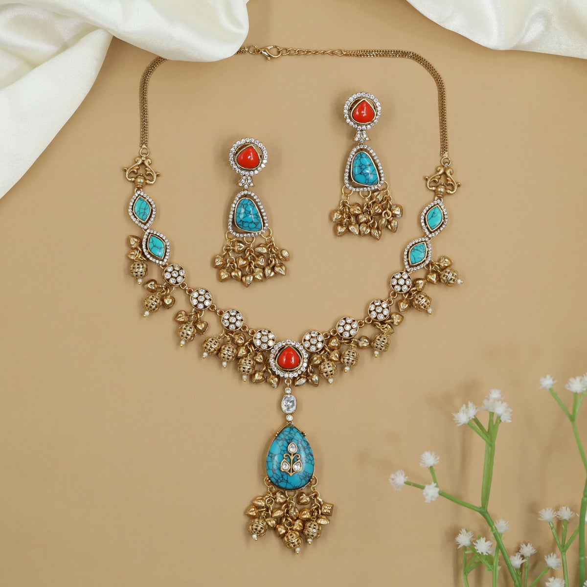 Traditional Kundan Necklace Set with Bell Cluster Pendant