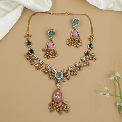 Traditional Kundan Necklace Set with Bell Cluster Pendant