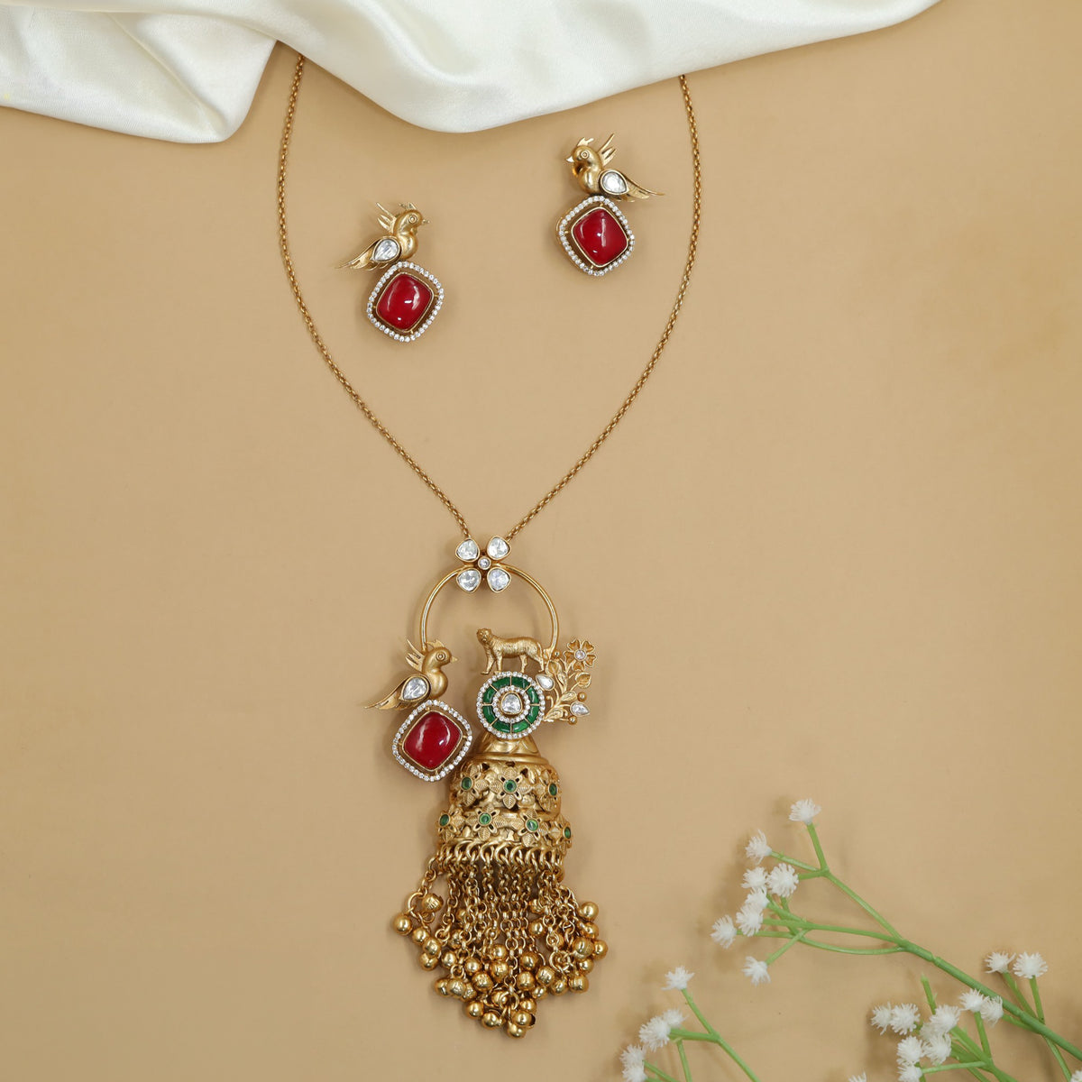 Heritage Kundan Chain with pendant with tiger and parrot accents