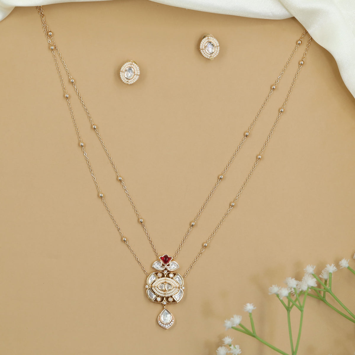 Kundan Double Chain Necklace Set with Medallion Design