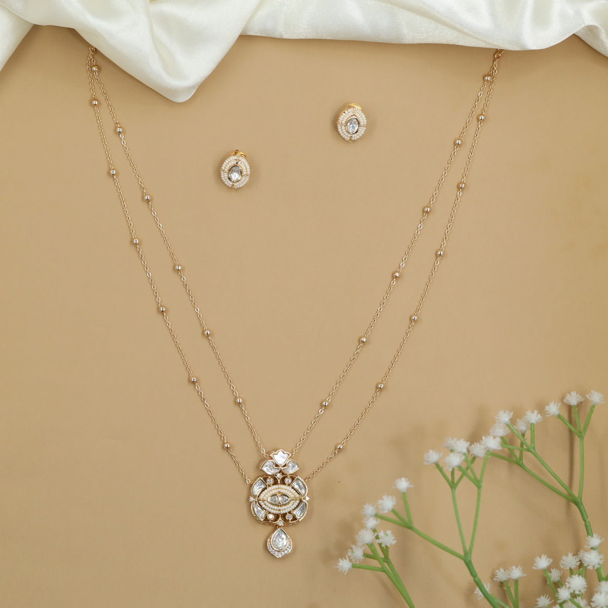 Kundan Double Chain Necklace Set with Medallion Design