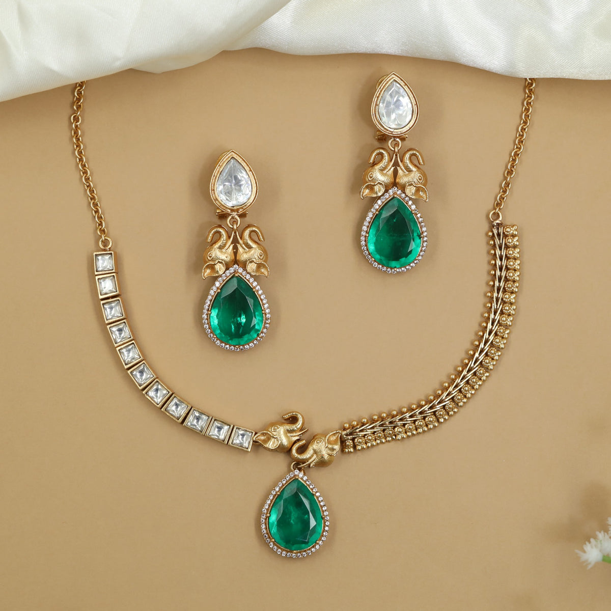 Premium Kundan Twin Elephant Necklace Set with Teardrop