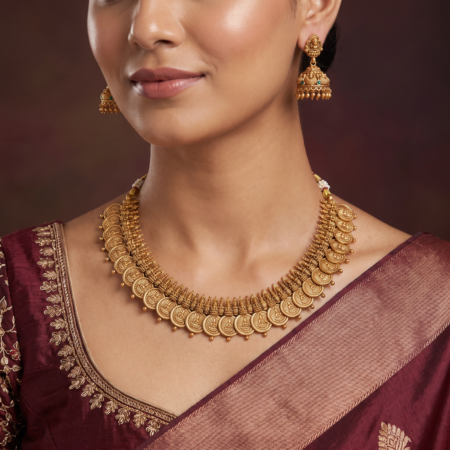 Premium Antique Necklace with Lakshmi Coin and Fanwork Detailing