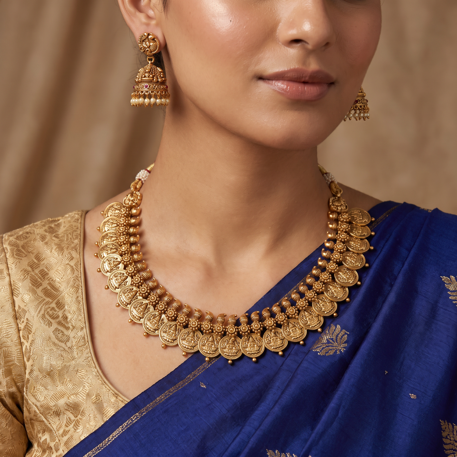 Antique Lakshmi Coin Necklace with Heritage Temple Detailing