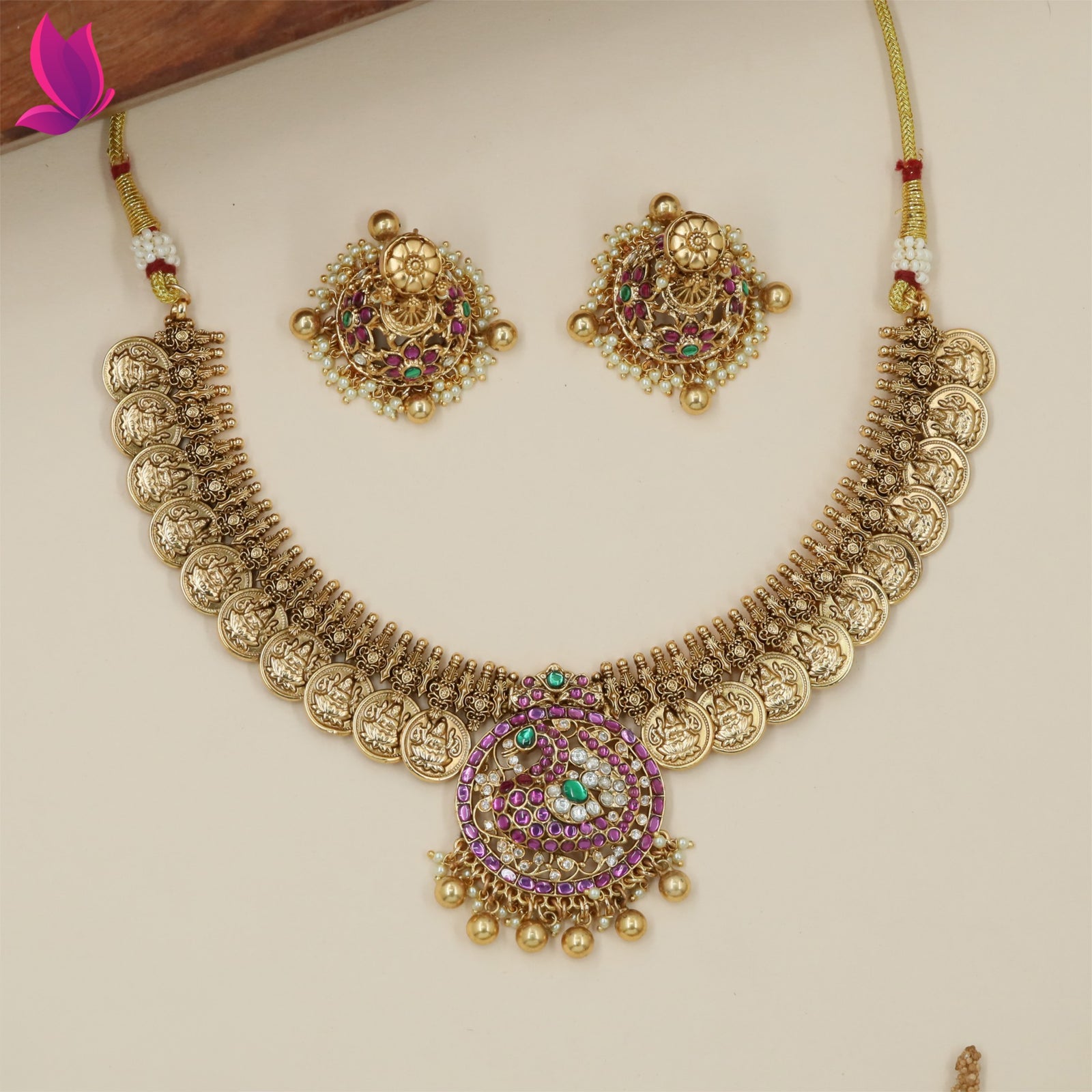 Traditional Antique Necklace with Heritage Coin Border and Peacock Pendant