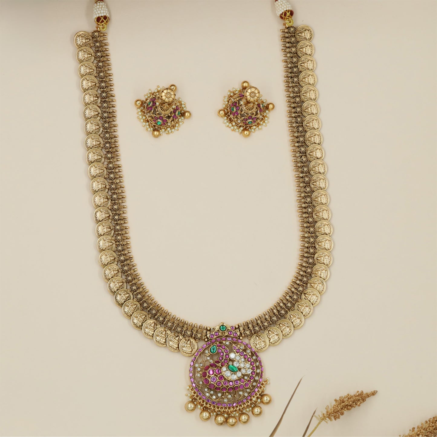 Grand Antique Coin Long Haara with Intricate Peacock Design