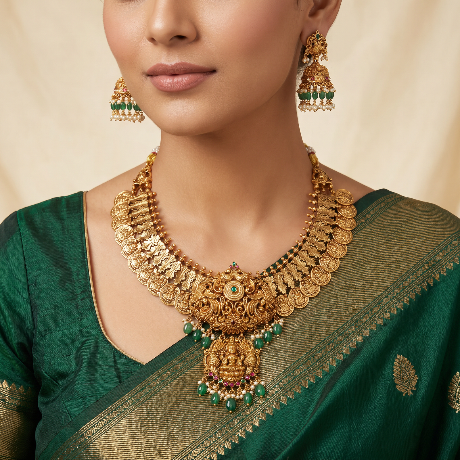 Regal Antique Coin Necklace with Lakshmi Temple Centerpiece