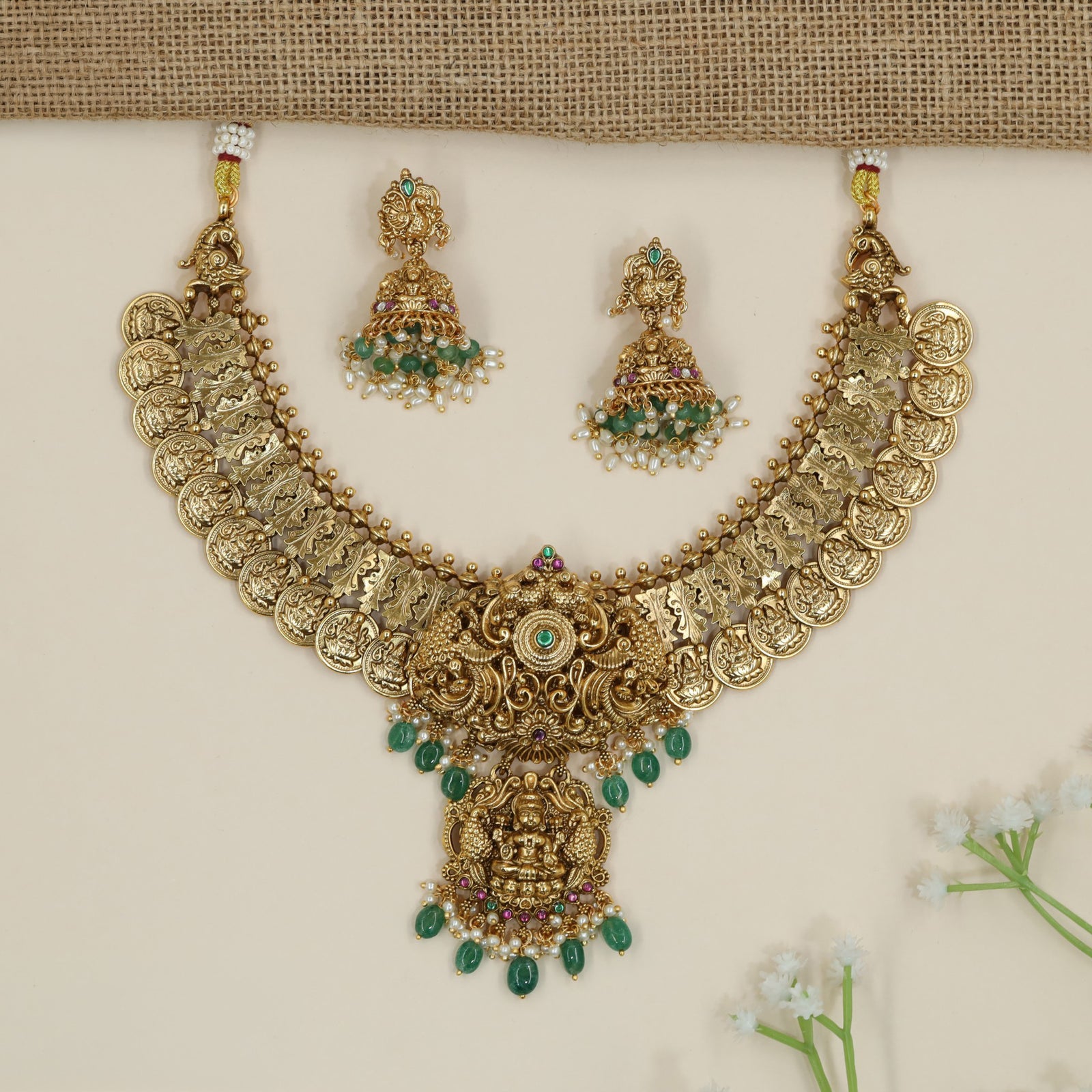 Regal Antique Coin Necklace with Lakshmi Temple Centerpiece