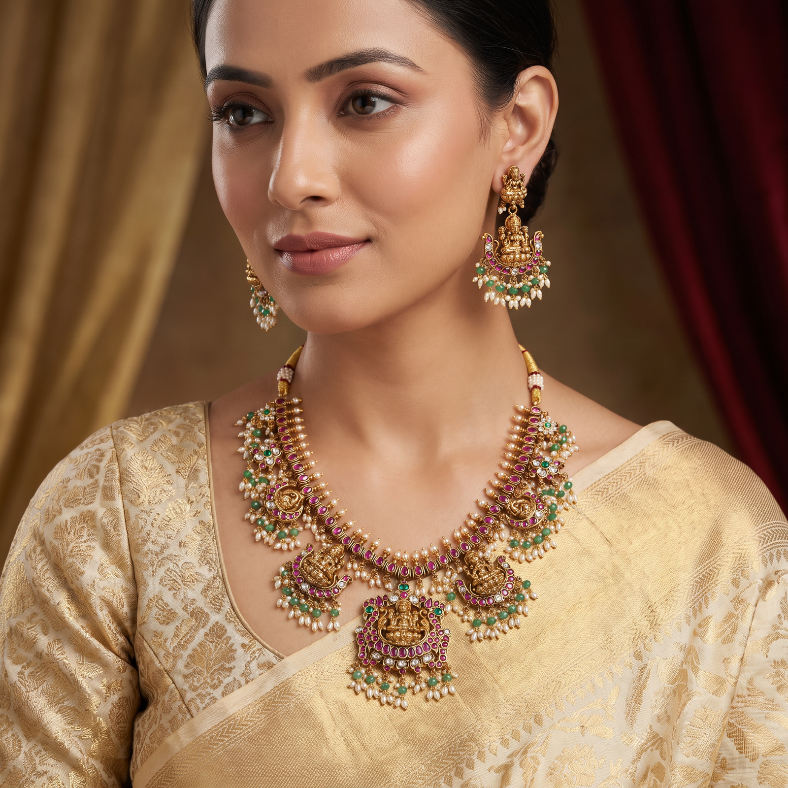 Antique Lakshmi Temple Necklace with Heritage Bead Detailing