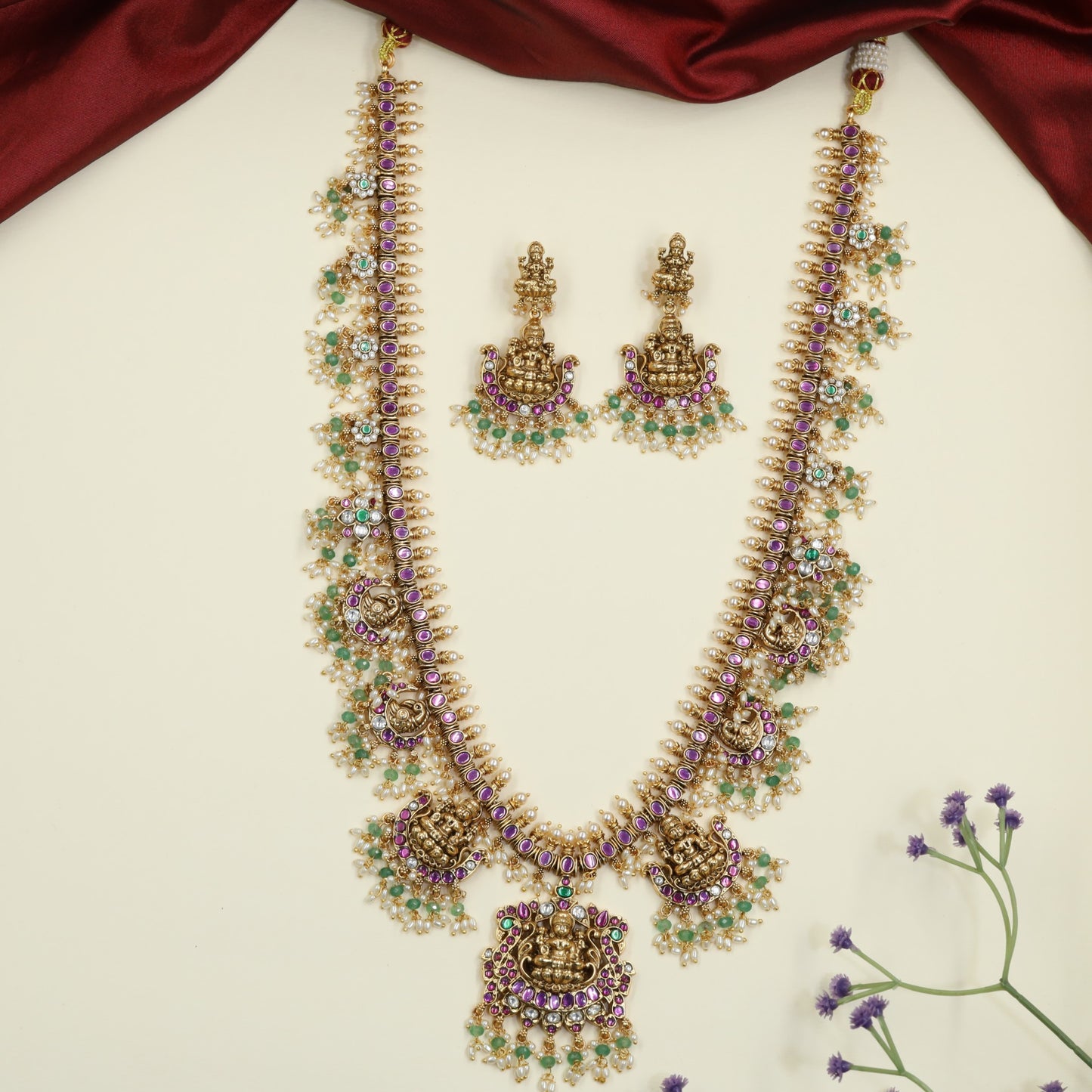 Traditional Antique Long Haara with Temple-Inspired Lakshmi Accents