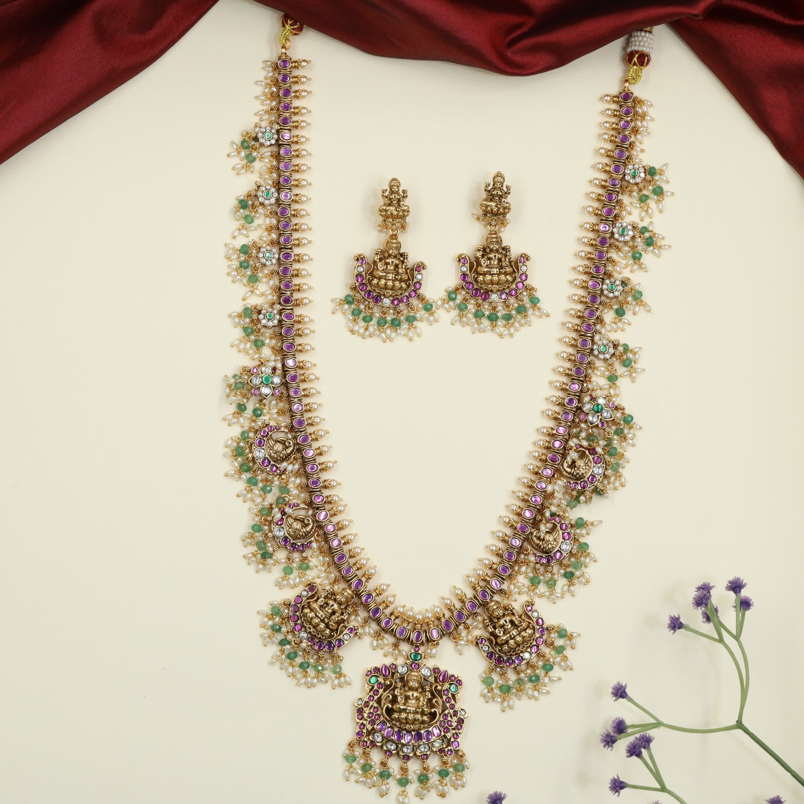 Traditional Antique Long Haara with Temple-Inspired Lakshmi Accents