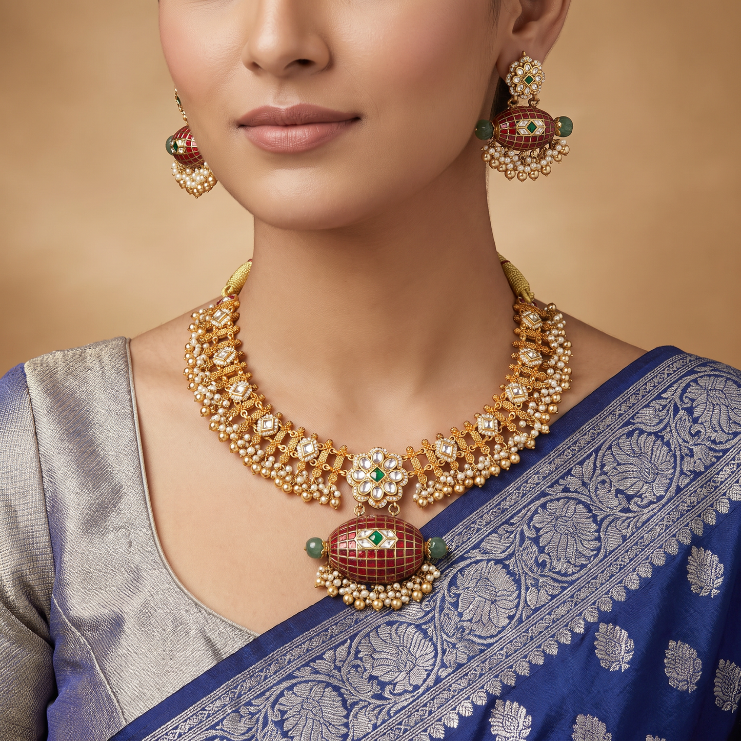 Handcrafted Jadau Necklace with Barrel Pendant Design