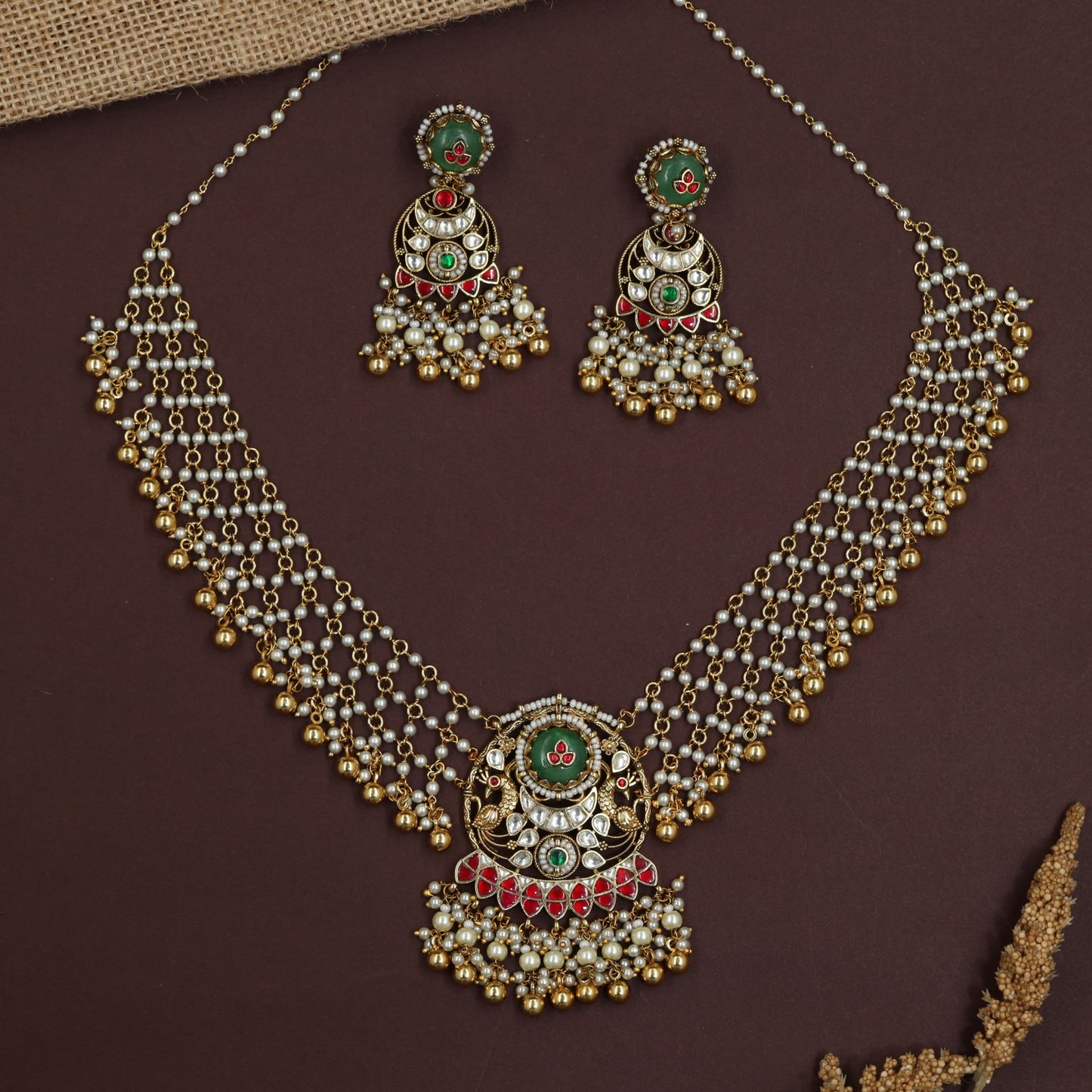 Multi-Layer Pearl Jadau Beads Necklace with Crescent Pendant