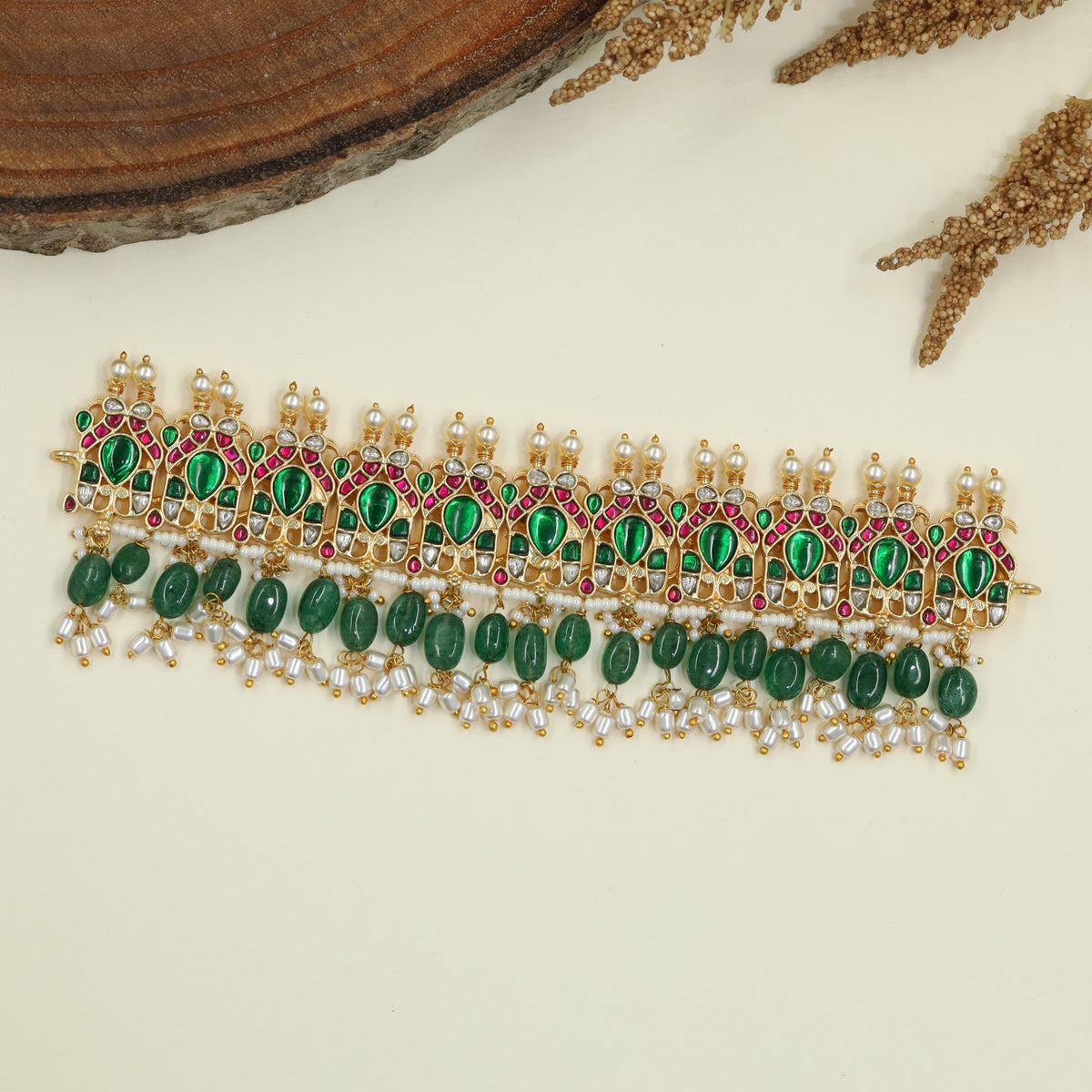 Majestic Peacock Jadau Choker with Cascading Emerald Beads