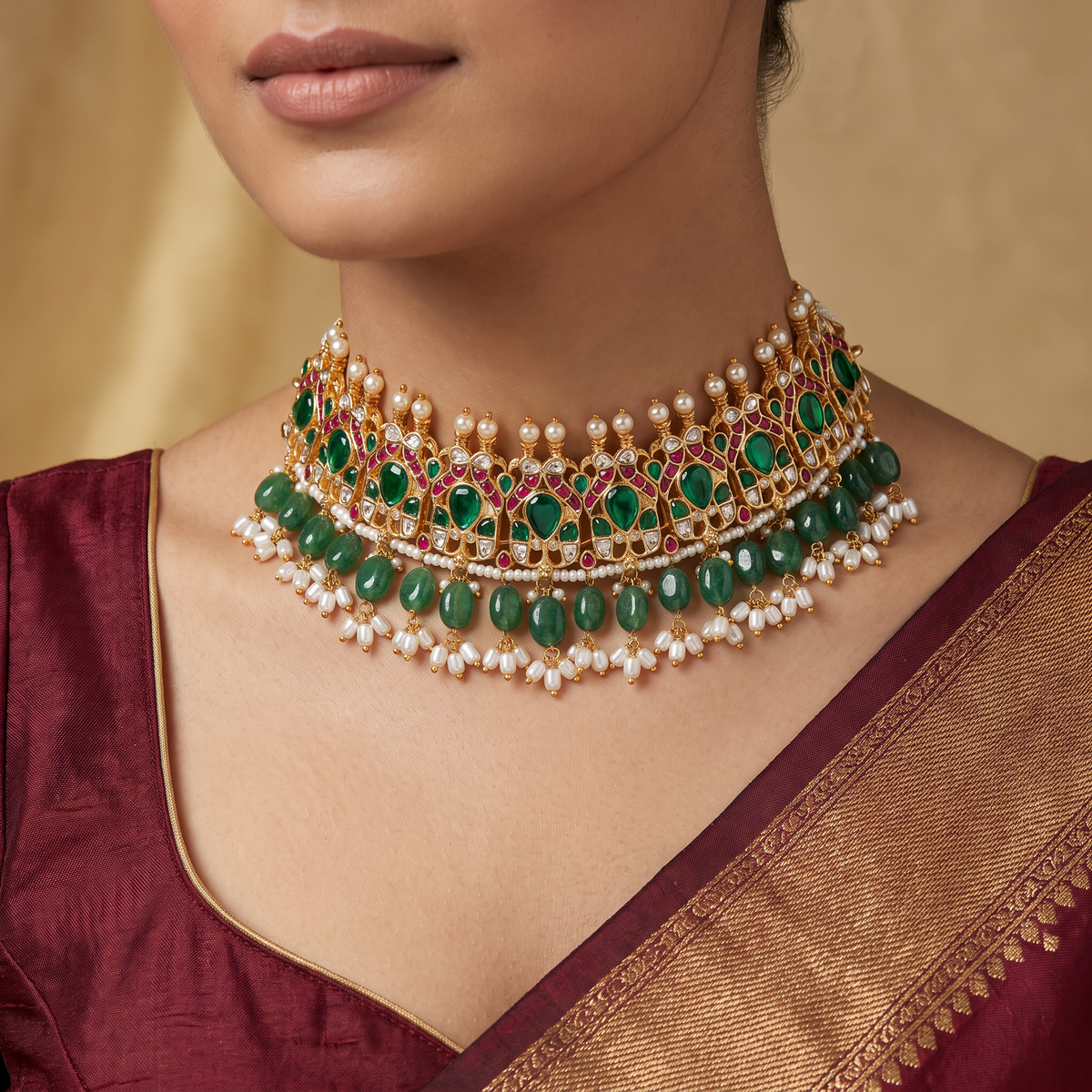 Majestic Peacock Jadau Choker with Cascading Emerald Beads
