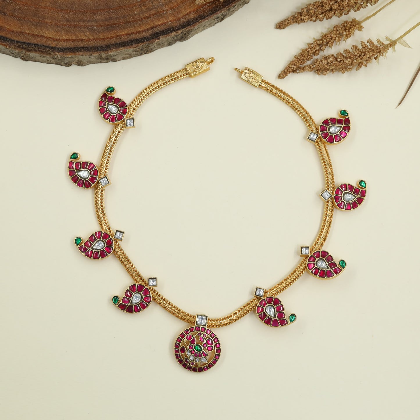 Handcrafted Paisley Jadau Necklace with Centre Medallion