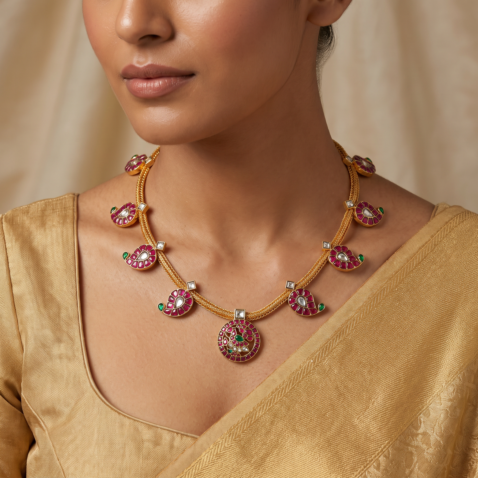 Handcrafted Paisley Jadau Necklace with Centre Medallion