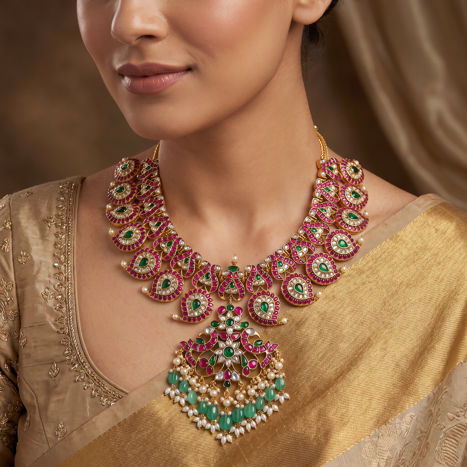 Statement Peacock Jadau Necklace with Layered Chand Design