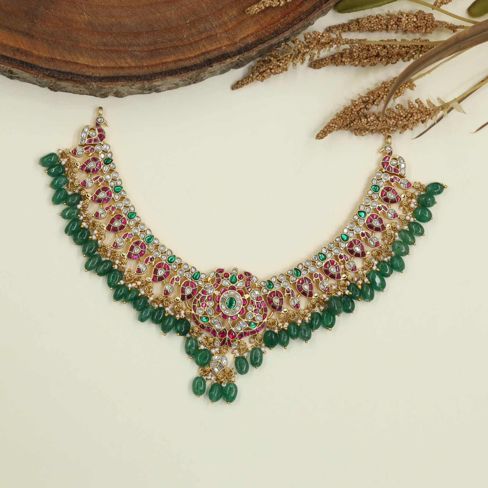 Grand Peacock Jadau Necklace with Emerald Bead Fringe