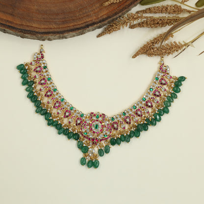 Grand Peacock Jadau Necklace with Emerald Bead Fringe