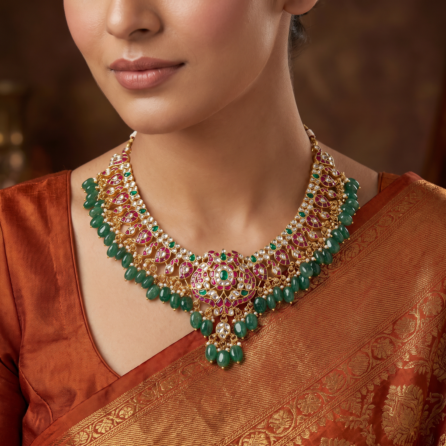 Grand Peacock Jadau Necklace with Emerald Bead Fringe