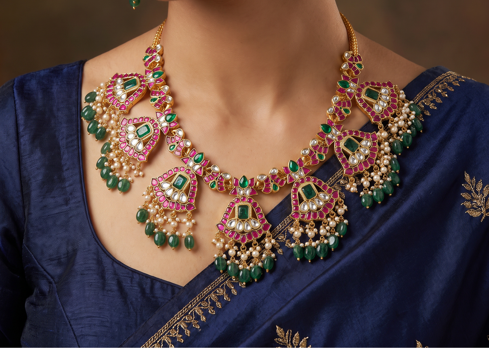 Grand Jadau Bell Design Necklace for Bridal Wear