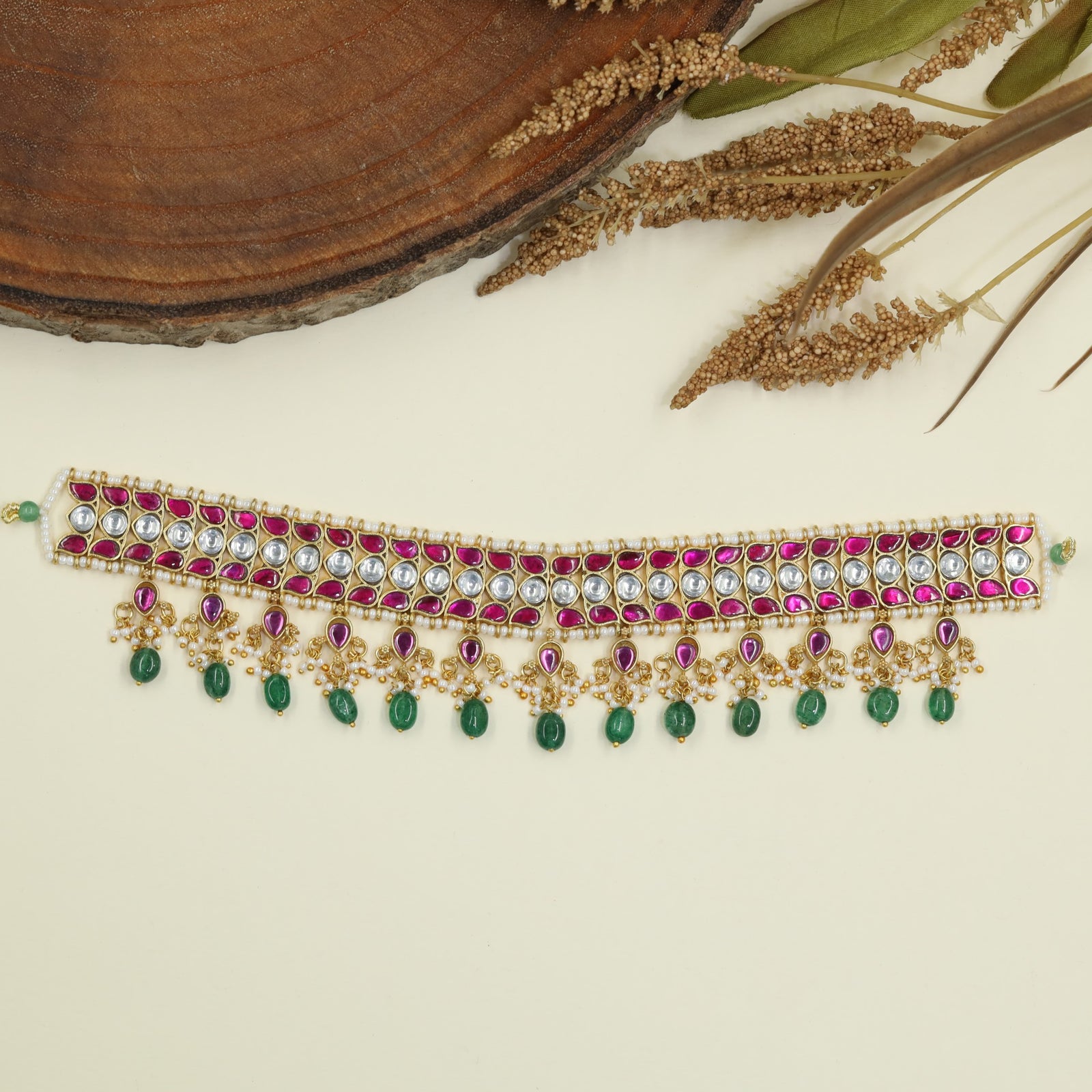 Handcrafted Jadau Choker with Hanging Bead Clusters
