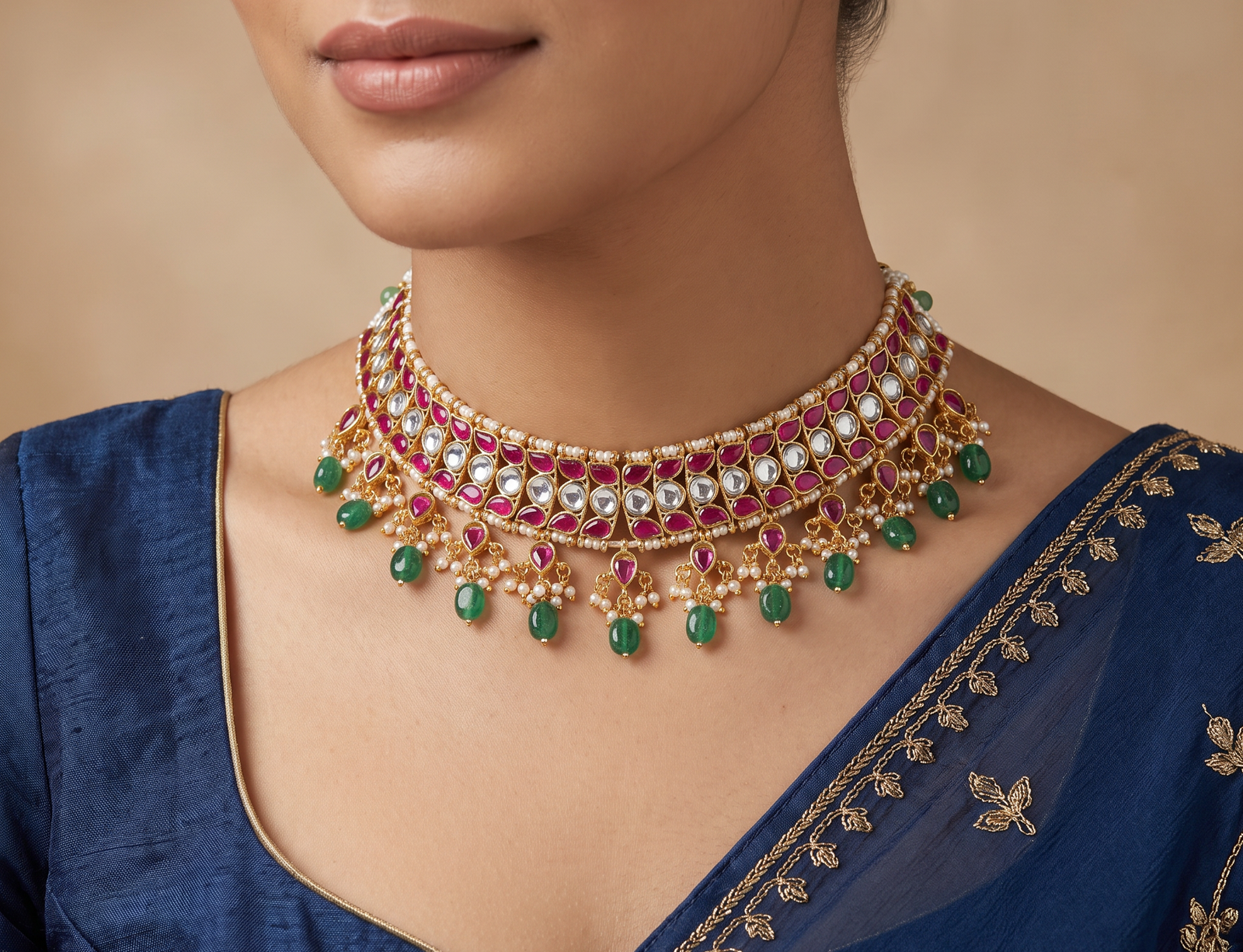 Handcrafted Jadau Choker with Hanging Bead Clusters