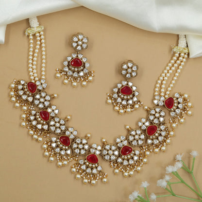 Grand Kundan Pearl Beads Necklace with Floral Links