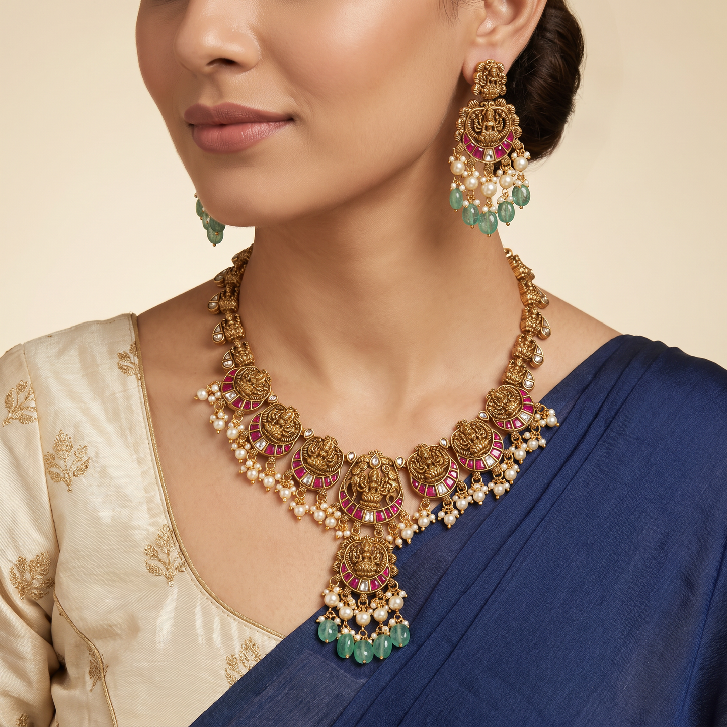 Grand Lakshmi Jadau Necklace with Pearl Fringe
