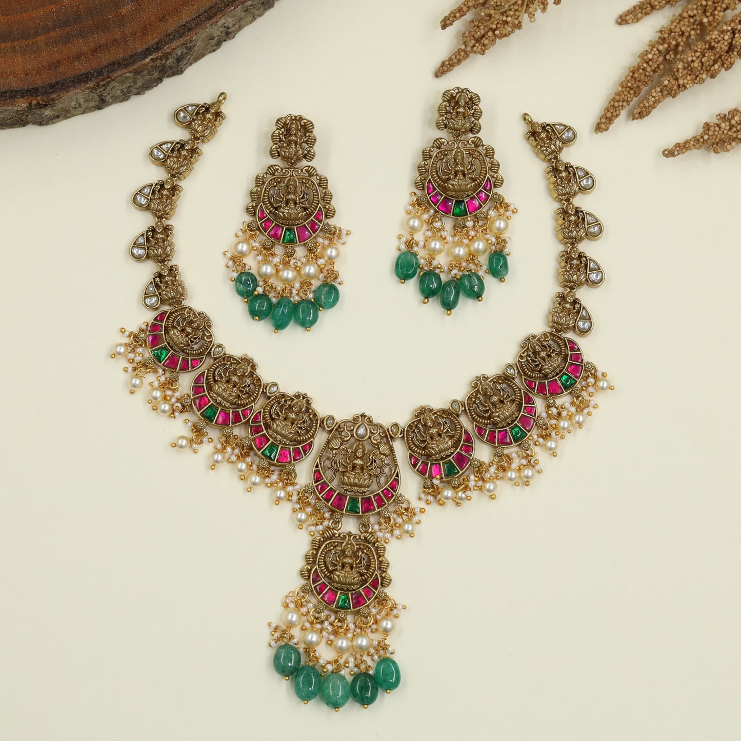 Grand Lakshmi Jadau Necklace with Pearl Fringe