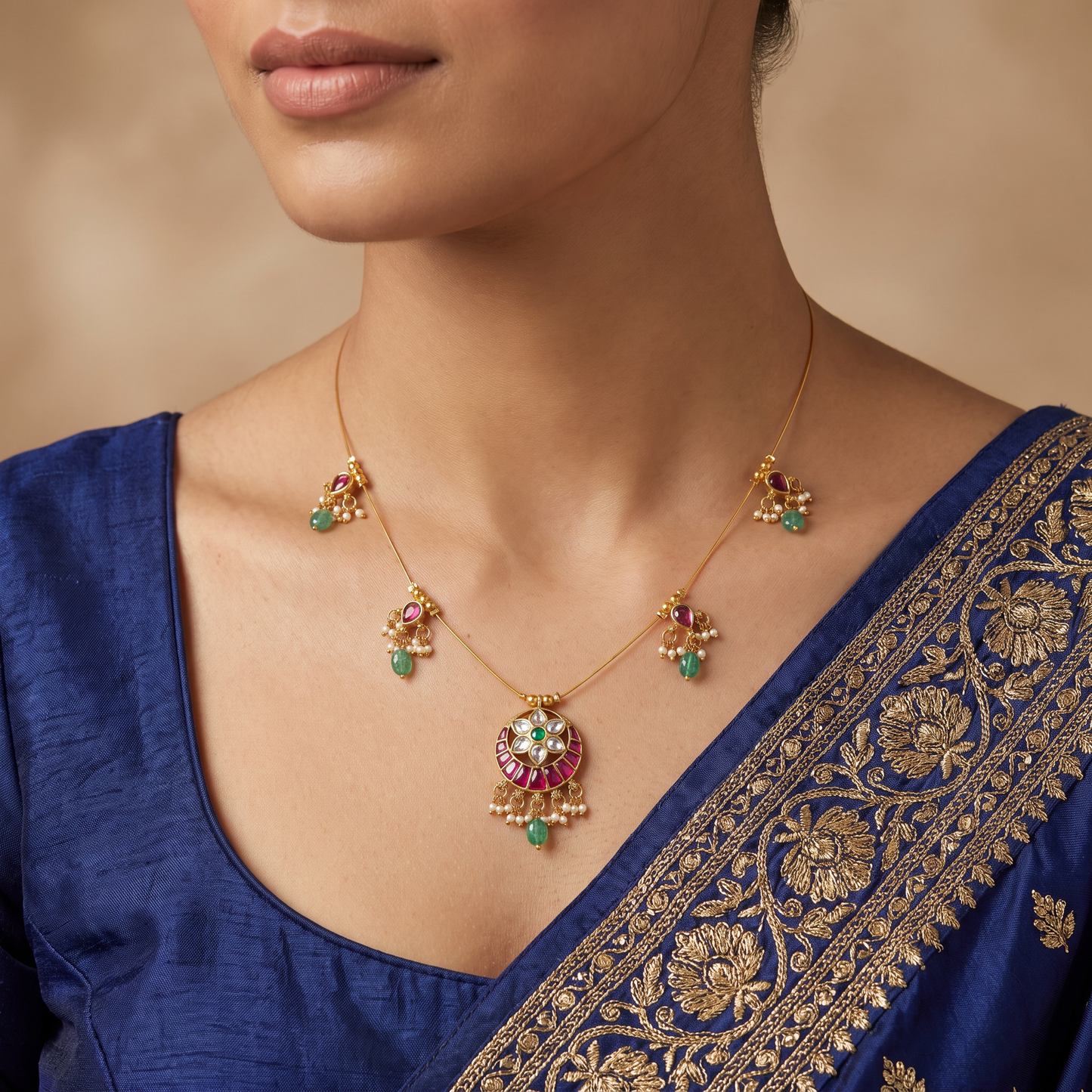 Signature Jadau Necklace with Crescent Pendant Design