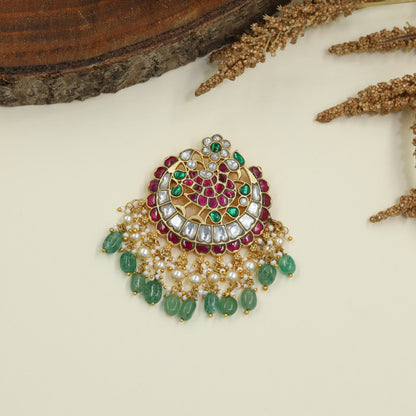 Crescent Jadau Pendant with Cascading Bead Drops