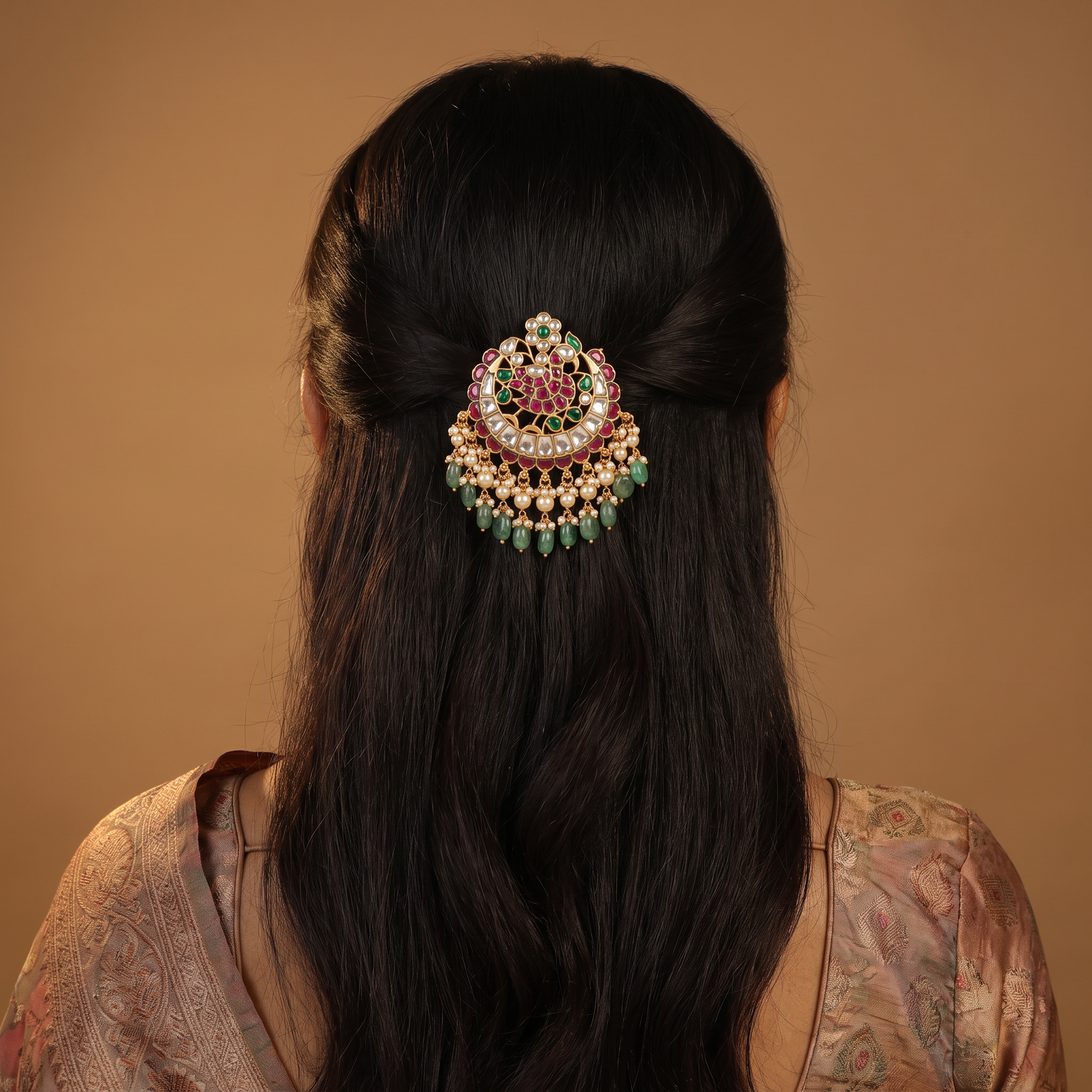Crescent Jadau Pendant with Cascading Bead Drops