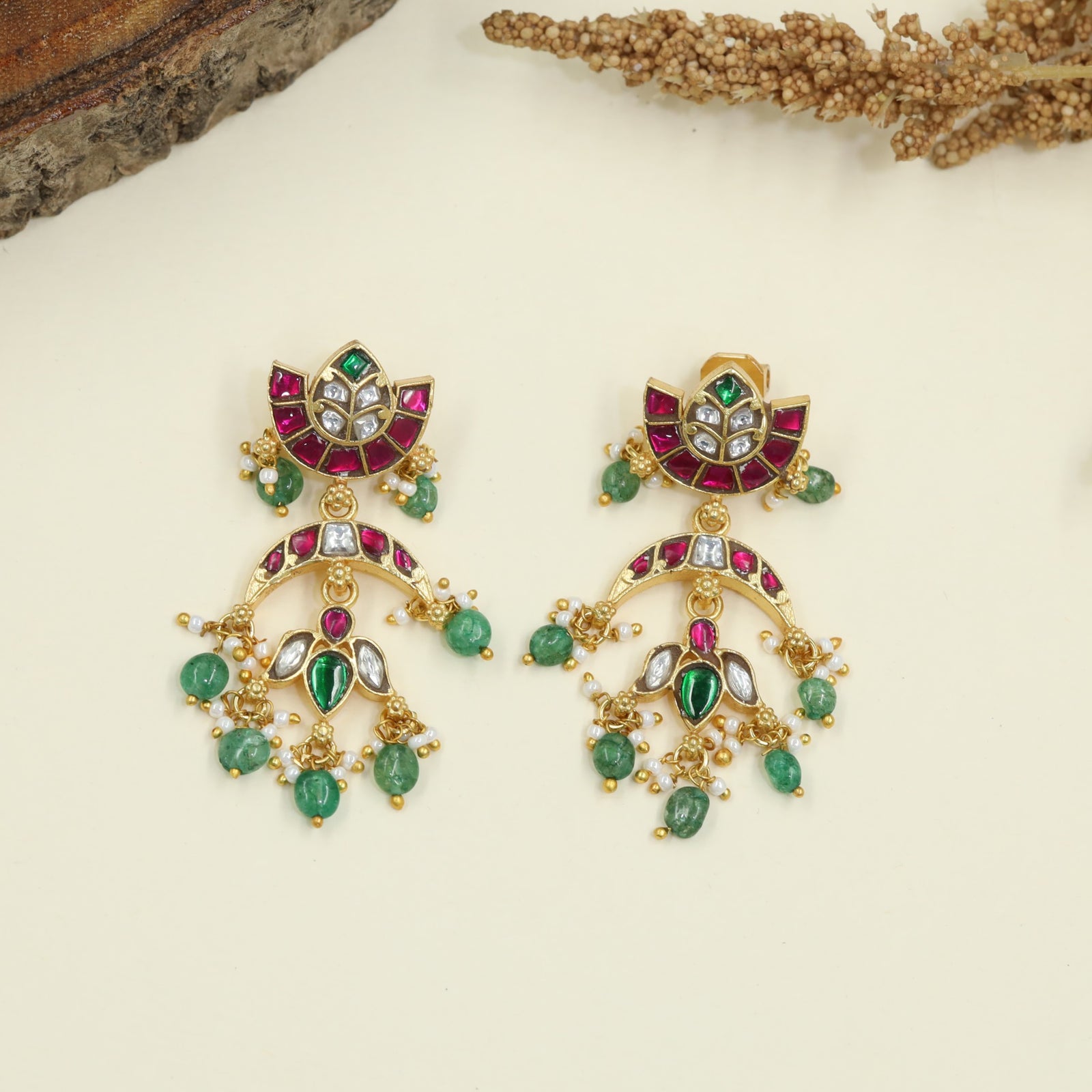 Jadau Open Arch Hangings with Tiered Bead Drops