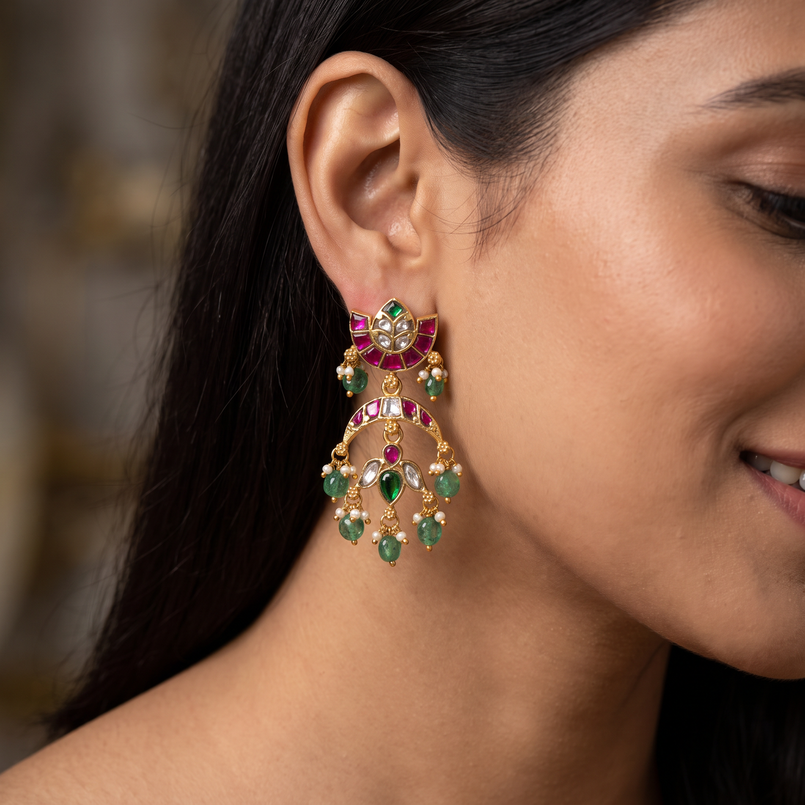 Jadau Open Arch Hangings with Tiered Bead Drops