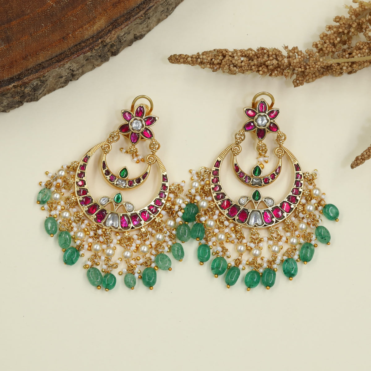 Traditional Jadau Crescent Hangings with Bead Drops