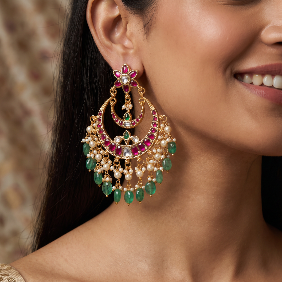 Traditional Jadau Crescent Hangings with Bead Drops