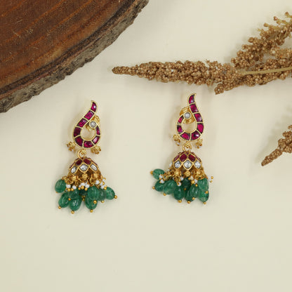 Jadau Bird Design Jumka with Bead Drops