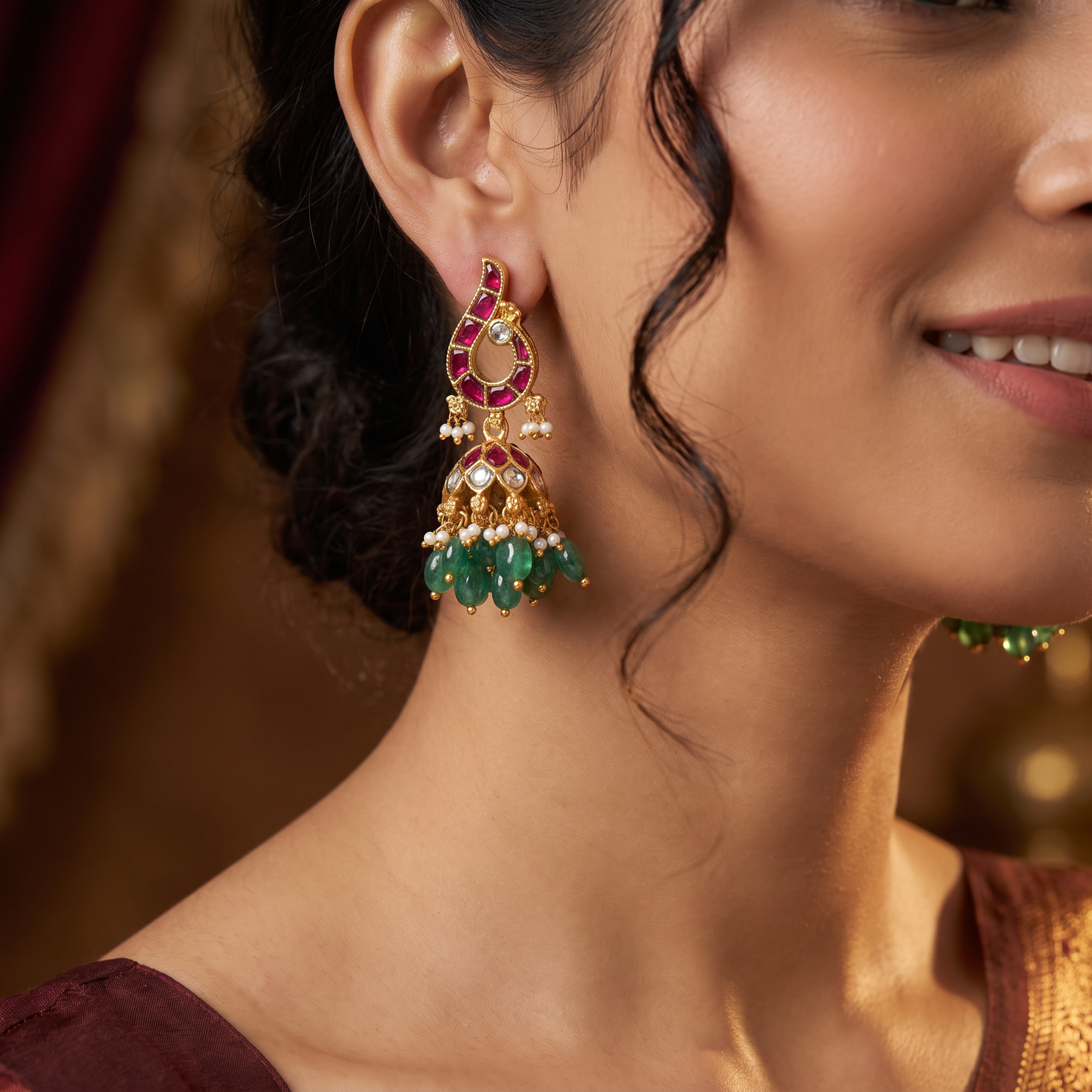 Jadau Bird Design Jumka with Bead Drops