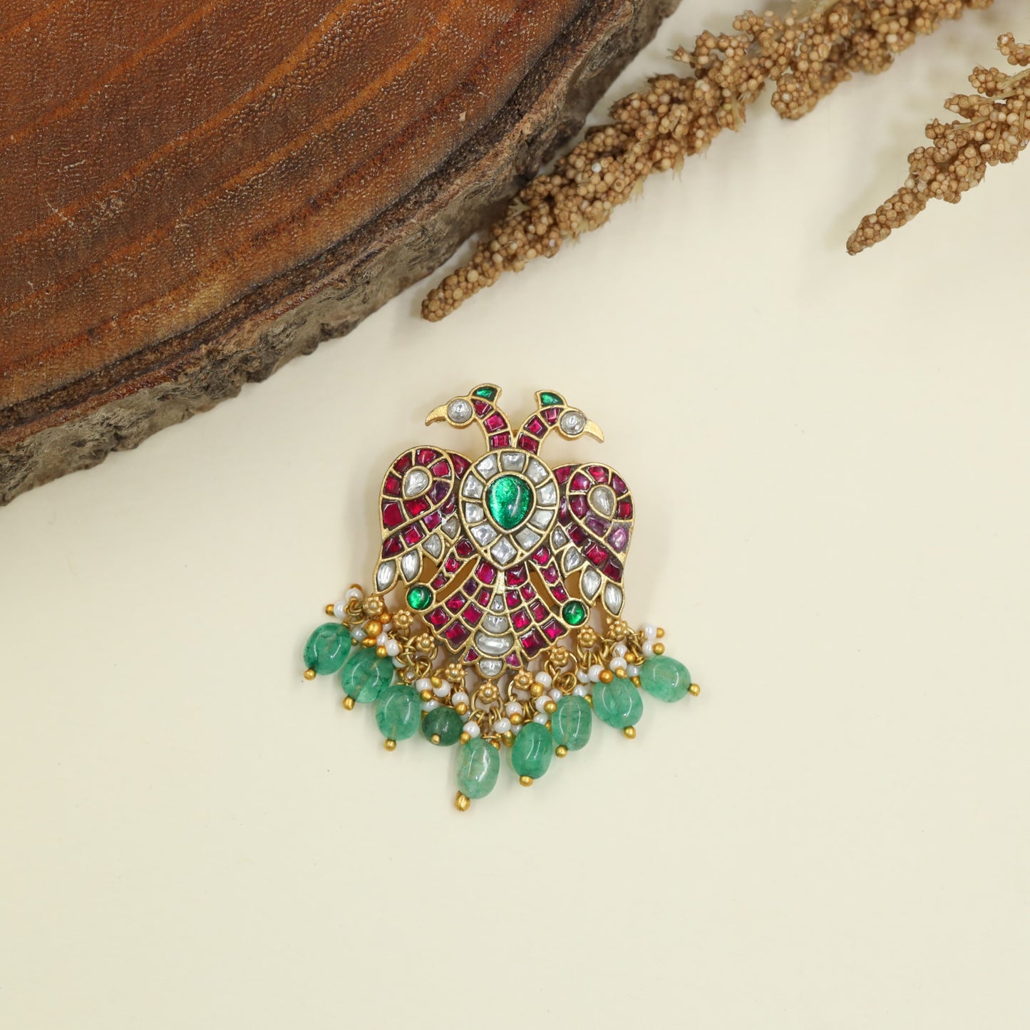 Designer Jadau Peacock Pendant with Hanging Beads