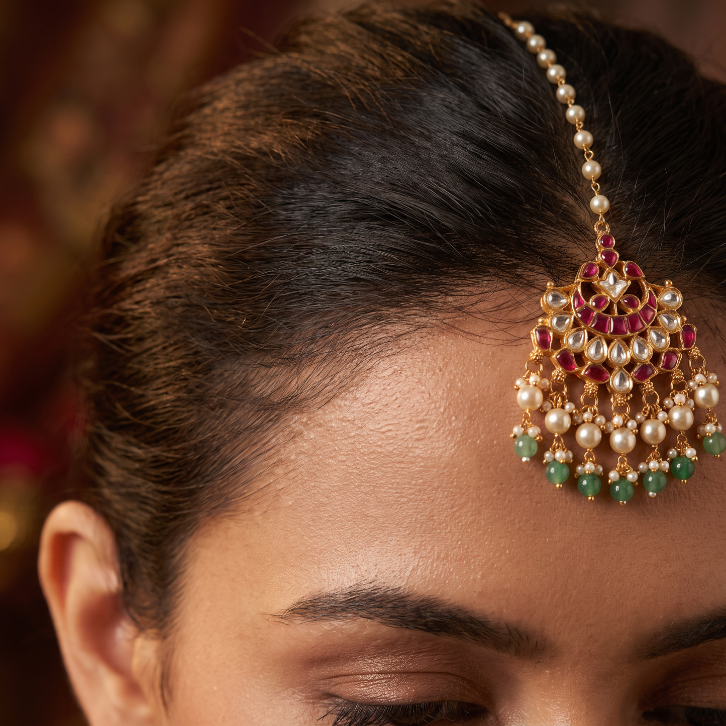 Jadau Chand Tikka with Pearl Fringe Design