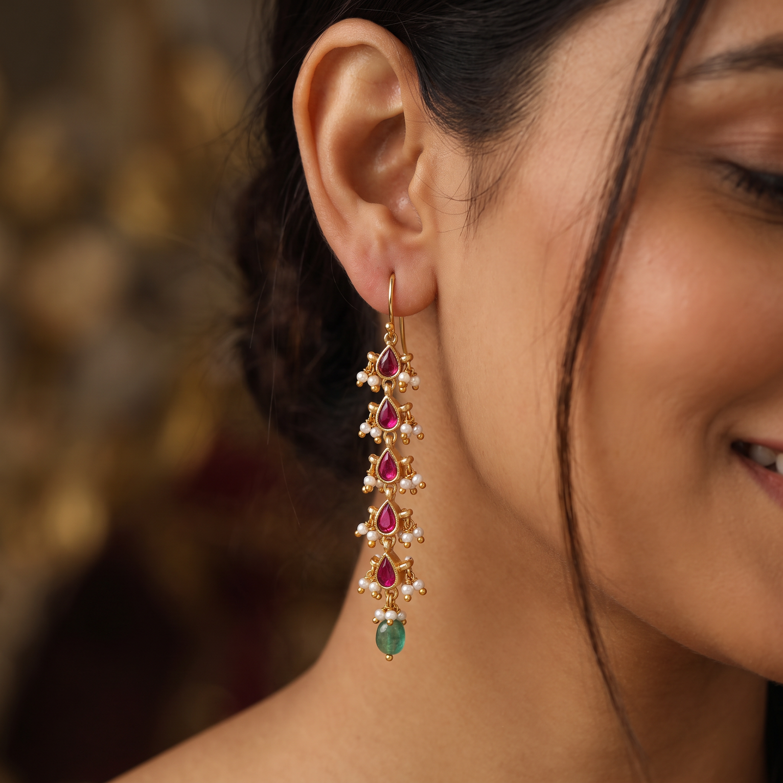 Traditional Jadau Long Hangings with Pearl Detailing