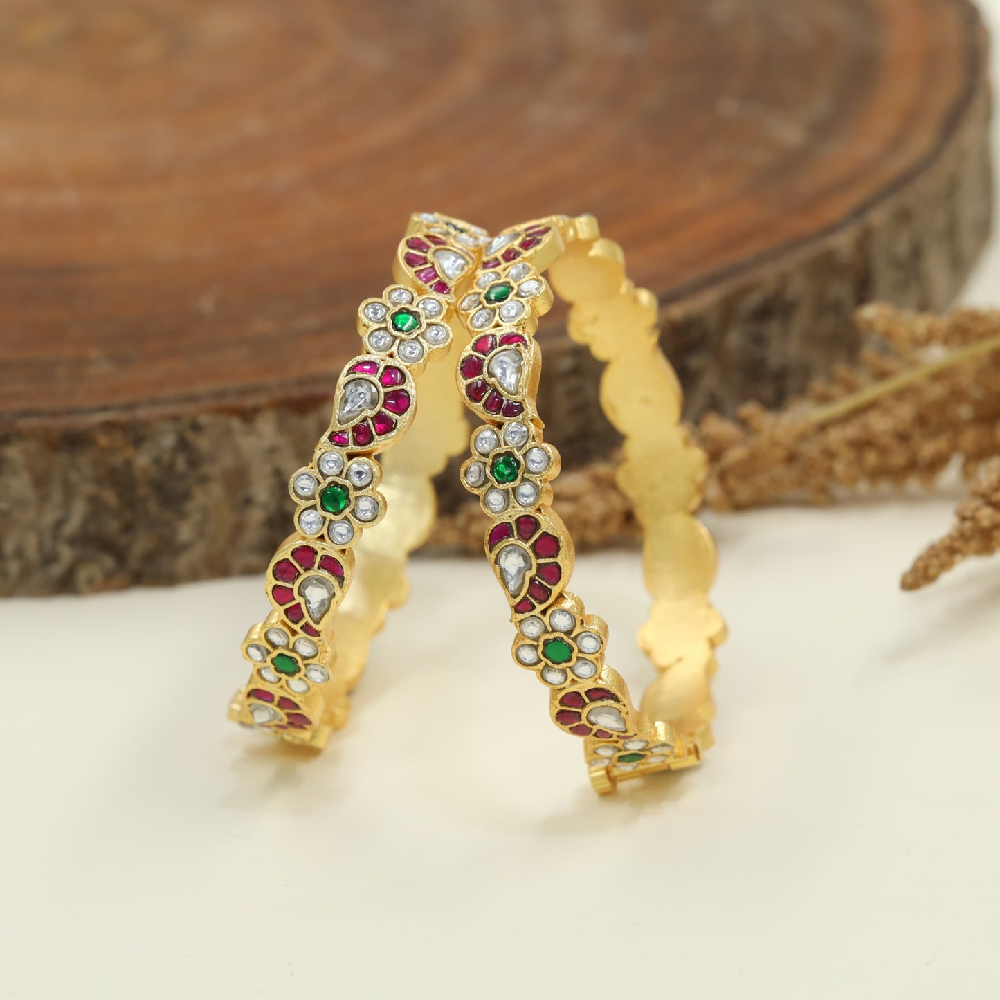 Vintage Style Jadau Bangles with Heritage Floral Design