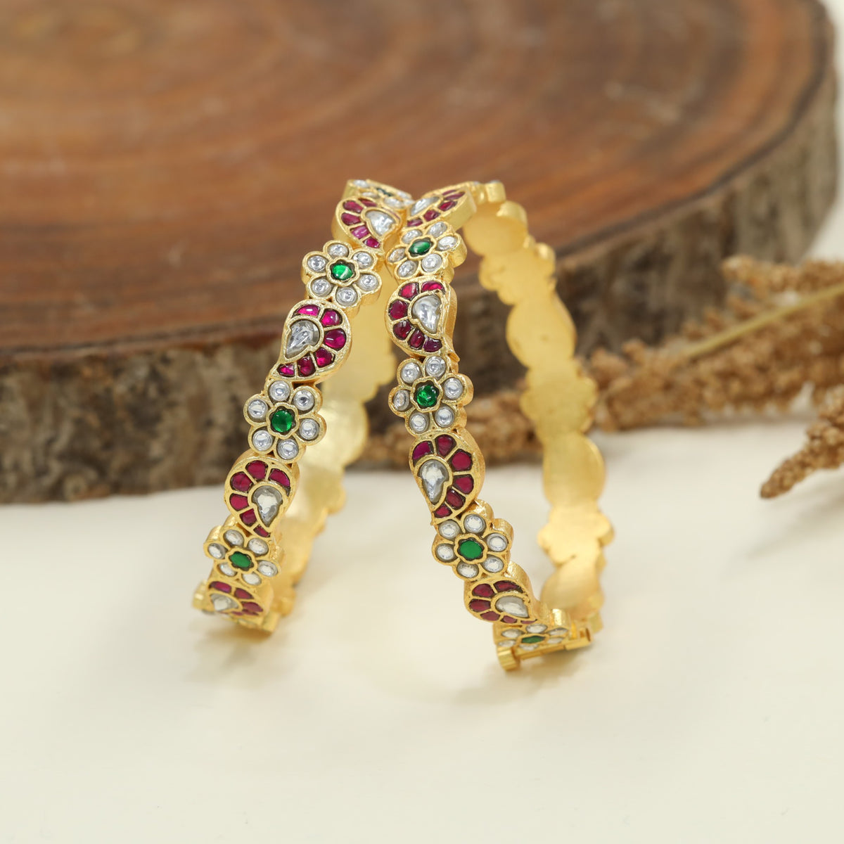 Vintage Style Jadau Bangles with Heritage Floral Design