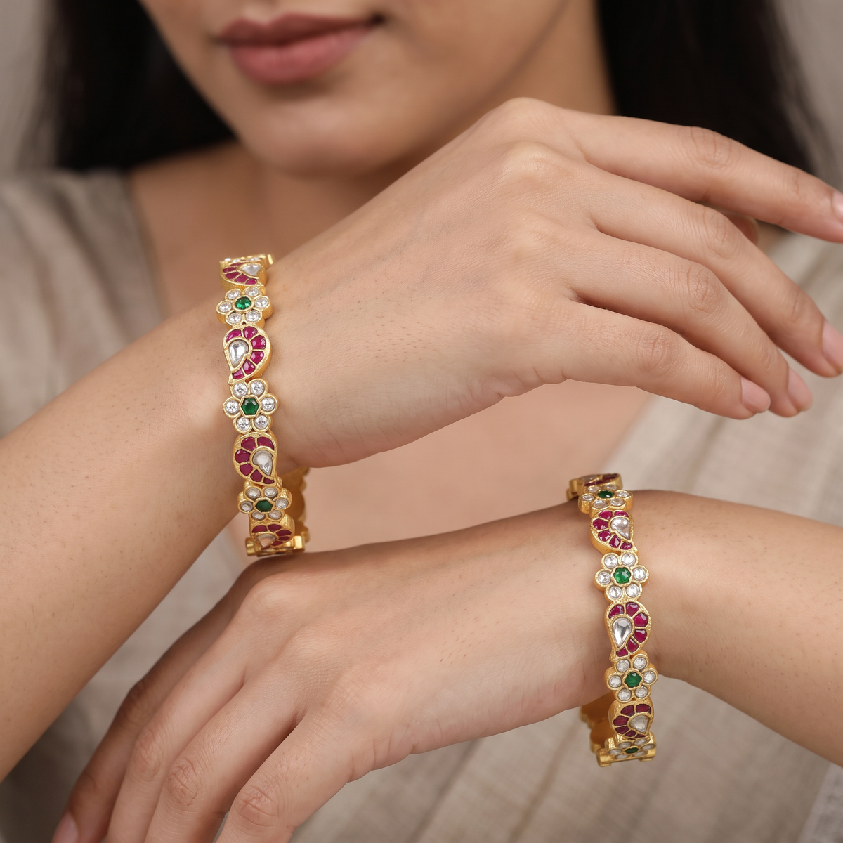 Vintage Style Jadau Bangles with Heritage Floral Design