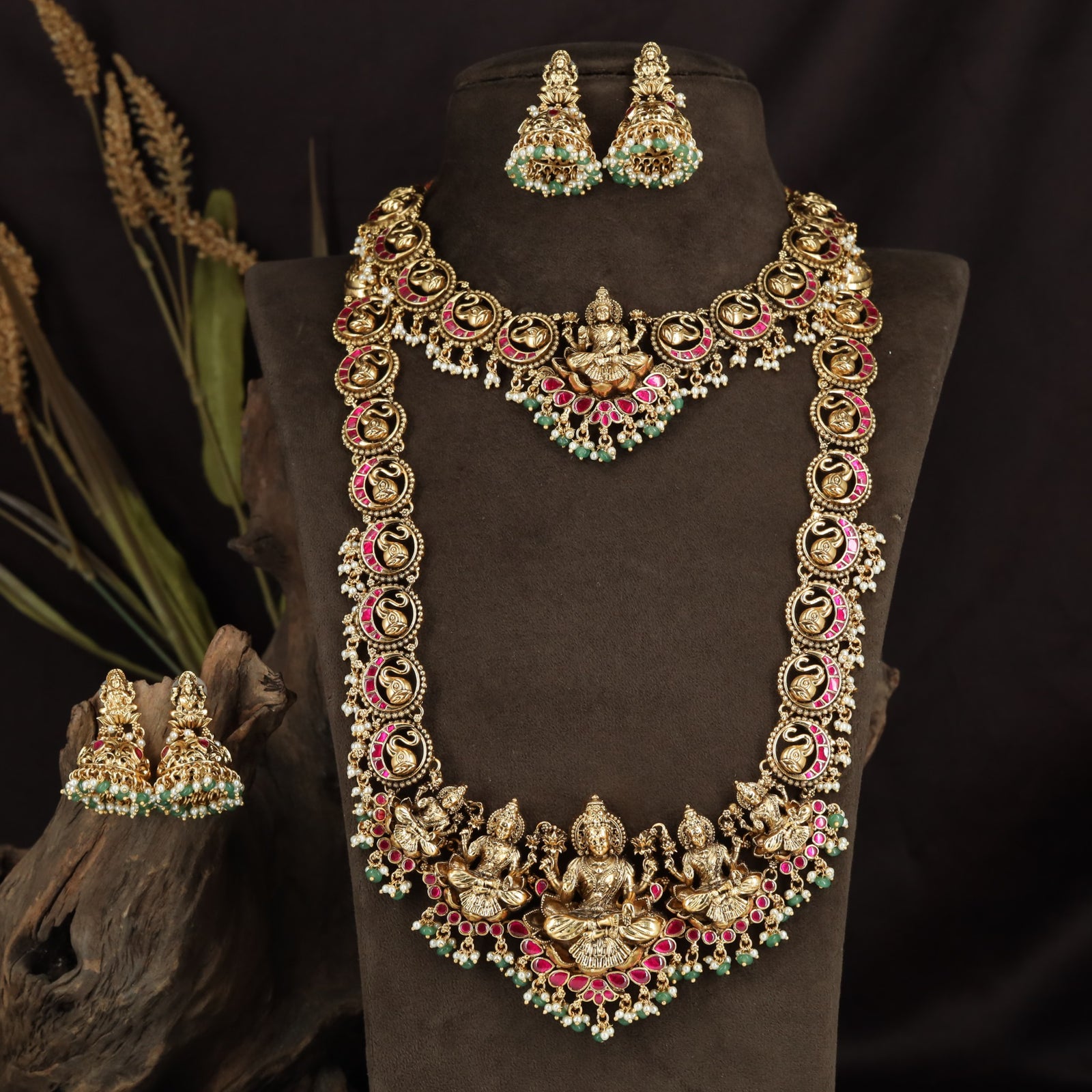 Grand Elephant Link Antique Combo Set Featuring Lakshmi Lotus Pendants